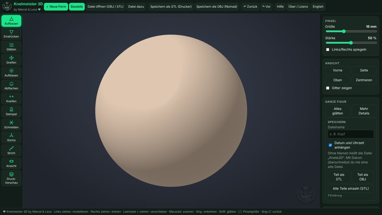 Knetmeister 3D Anfänger: Startansicht mit einer Kugel zum Modellieren